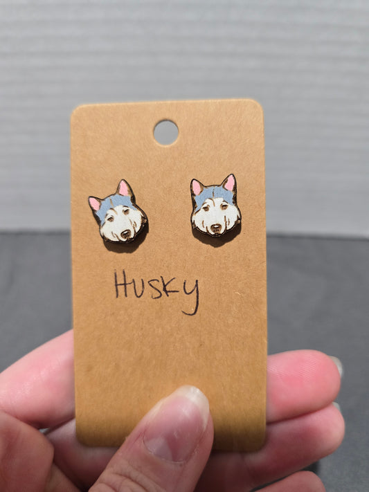 Husky laser cut wood stud earrings-husky dog studs-husky dog earrings-stud husky earrings-