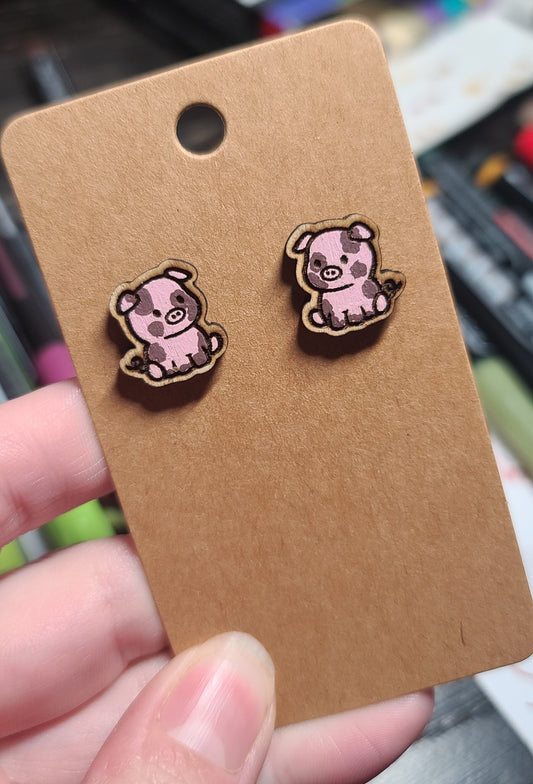 Muddy little piggies laser cut wood stud earrings-pig studs-pig  earrings-stud pig earrings-piggie earrings