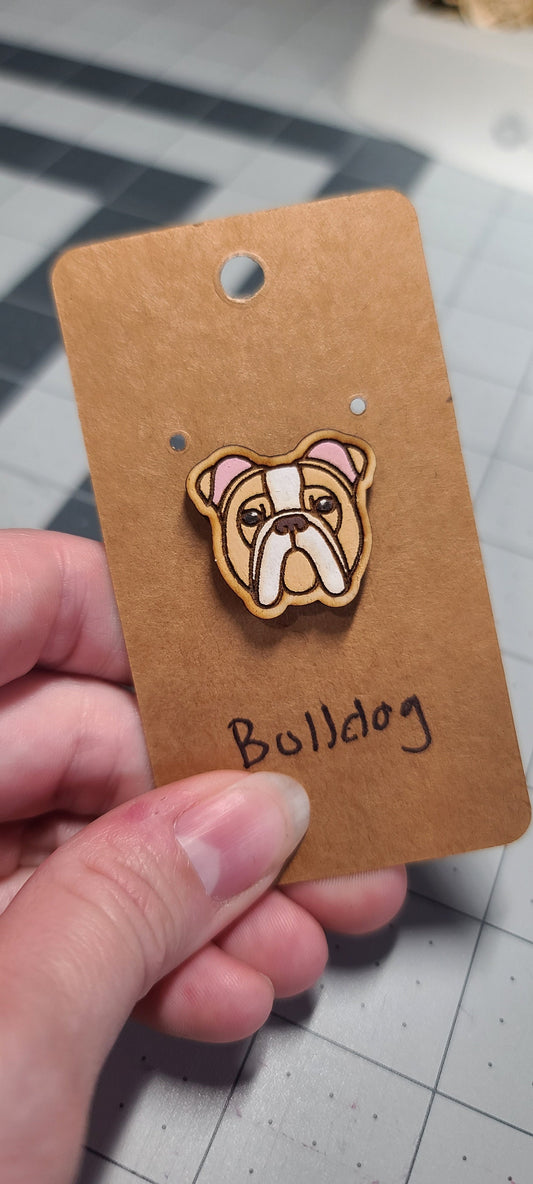 Beige bulldog pin-bulldog dog head pin-dog breed pin-bulldog dog face pin-wood pin-bulldog