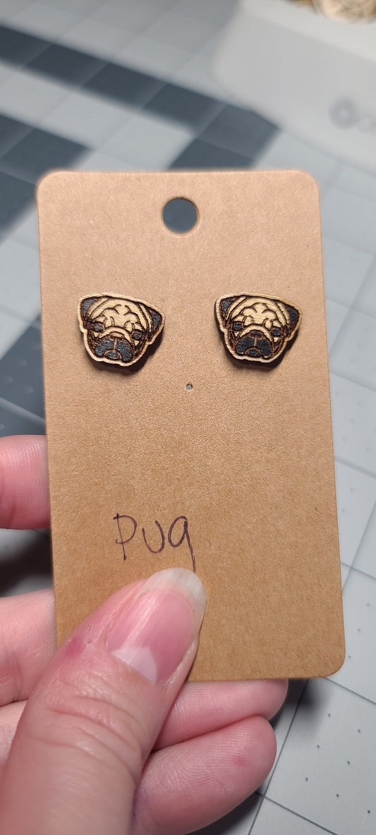 Pug laser cut wood stud earrings-pug dog studs-pug dog earrings-stud pug earrings-