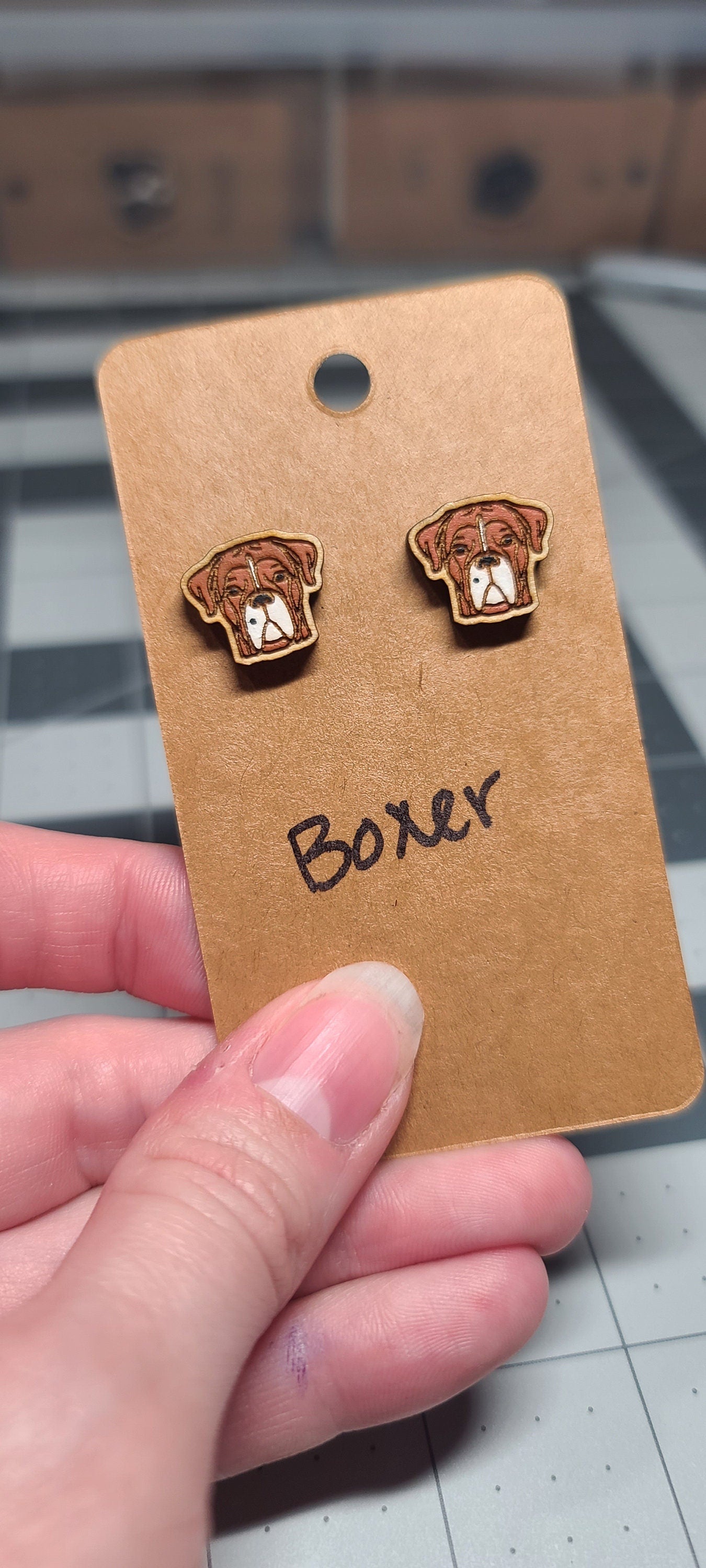 Boxer dog stud earrings-laser cut and engraved-boxer dog earrings-handpainted