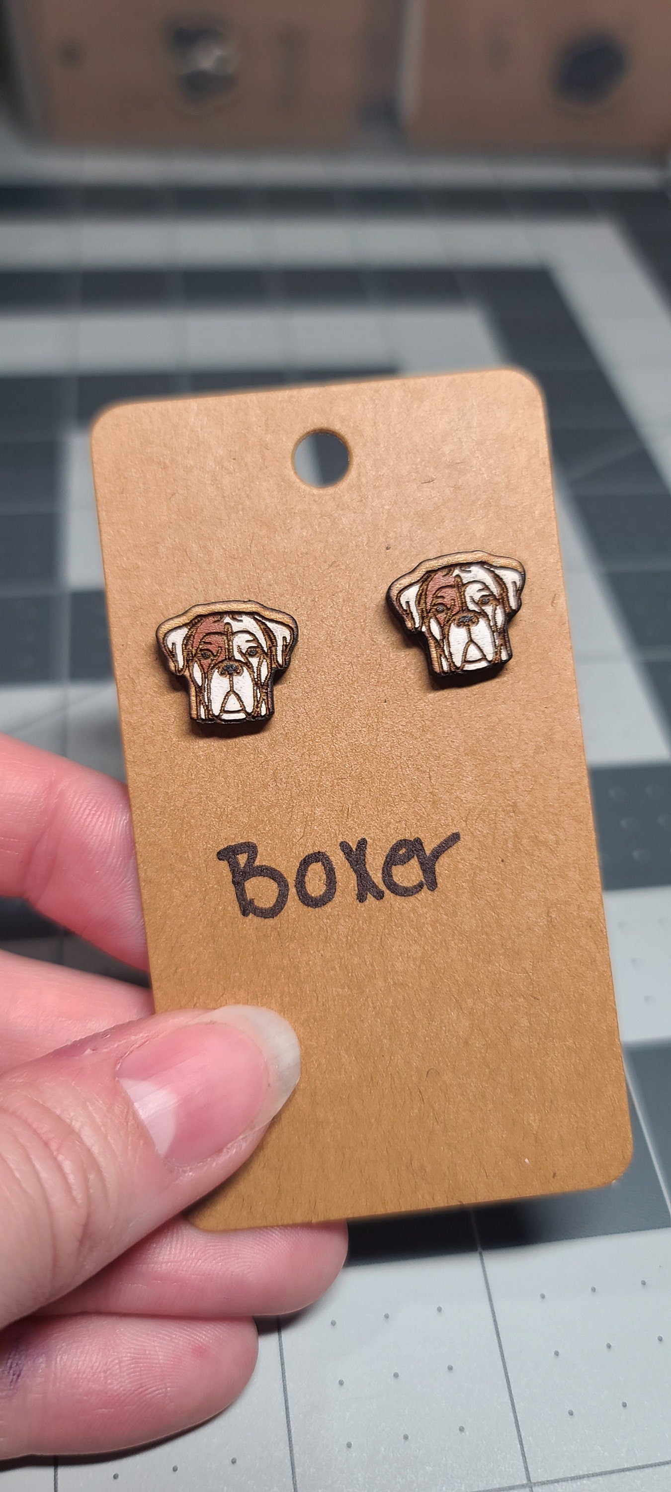 Boxer dog stud earrings-laser cut and engraved-boxer dog earrings-handpainted