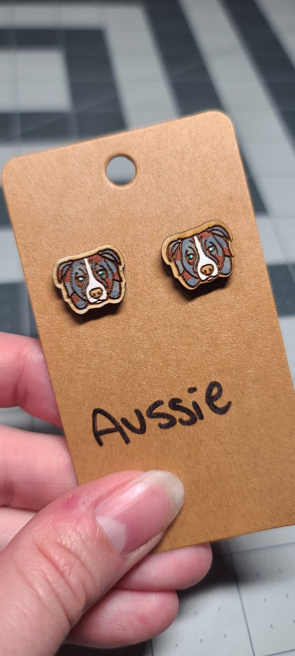 Australian Shepherd Stud Earrings-Laser cut and engraved-handpainted-aussie earrings