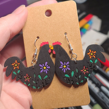 Chicken dangle earrings-chicken earrings-chicken dangles-chicken with flowers earrings