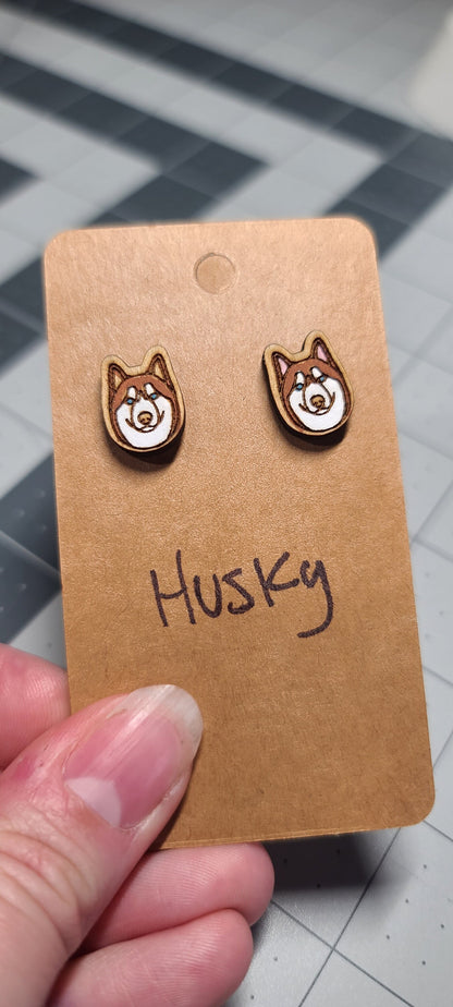 Husky laser cut wood stud earrings-husky dog studs-husky dog earrings-stud husky earrings-