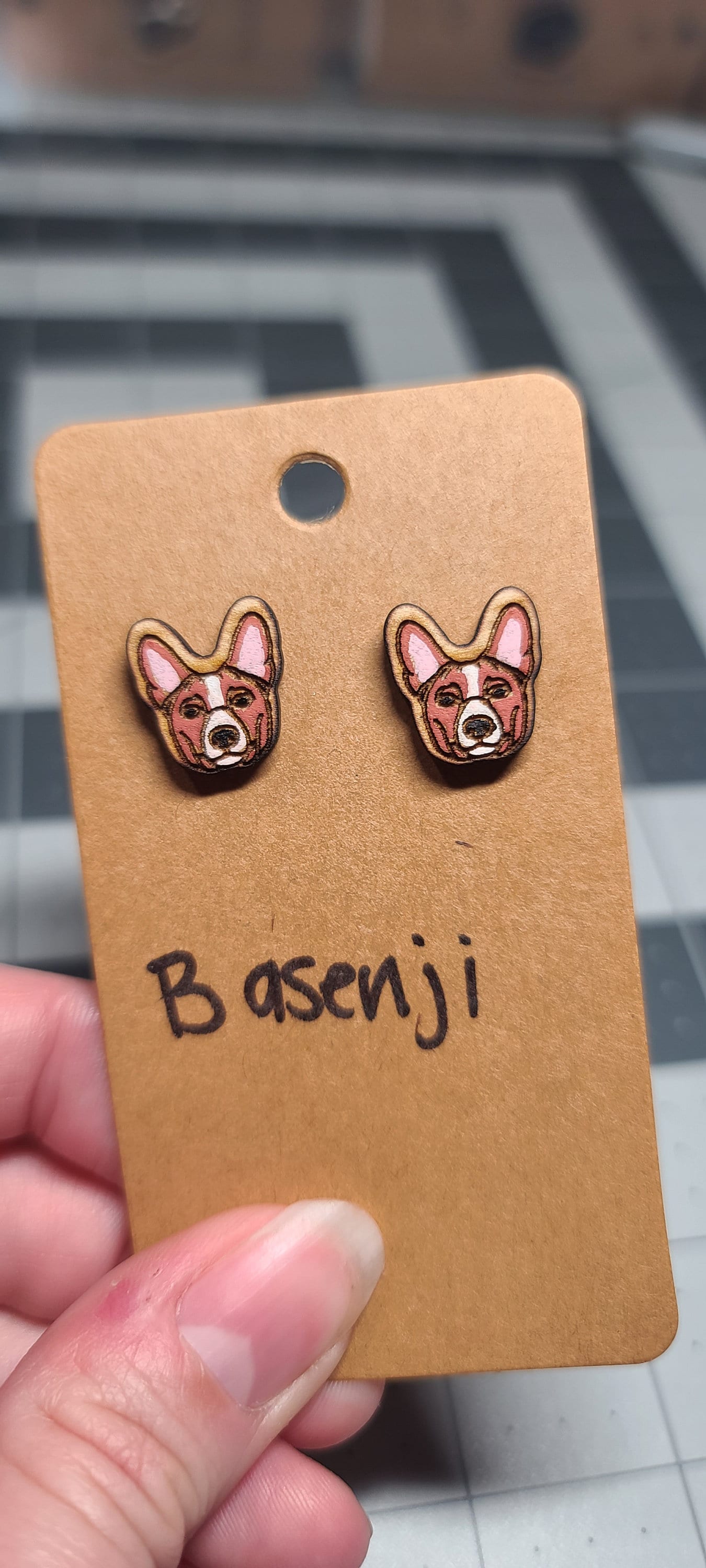 Basenji stud earrings-laser cut and engraved wood stud earrings-basenji dog studs-basenji dog earrings-stud basenji earrings