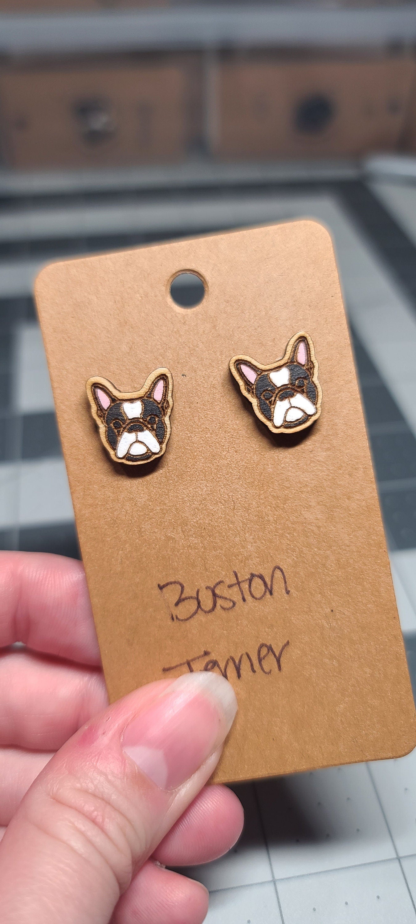 Boston Terrier Stud Earrings-laser cut and engraved-handpainted-Boston terrier-Stud earrings-Hypoallergenic