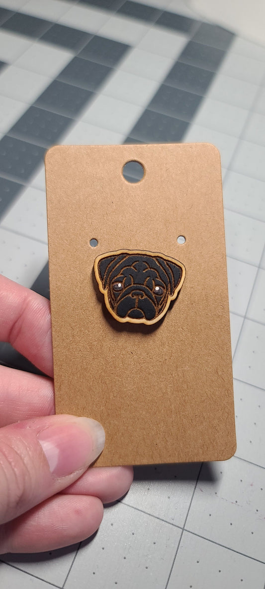 Black pug pin-pug dog head pin-dog breed pin-pug dog face pin-wood pin-black pug