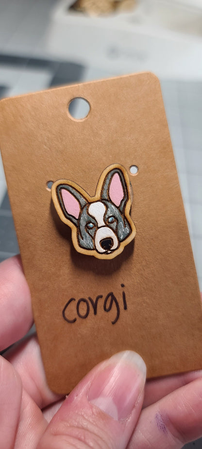 Merle Corgi pin-welsh corgi dog head pin-dog breed pin-corgi dog face pin-wood pin-welsh corgi-merled corgi