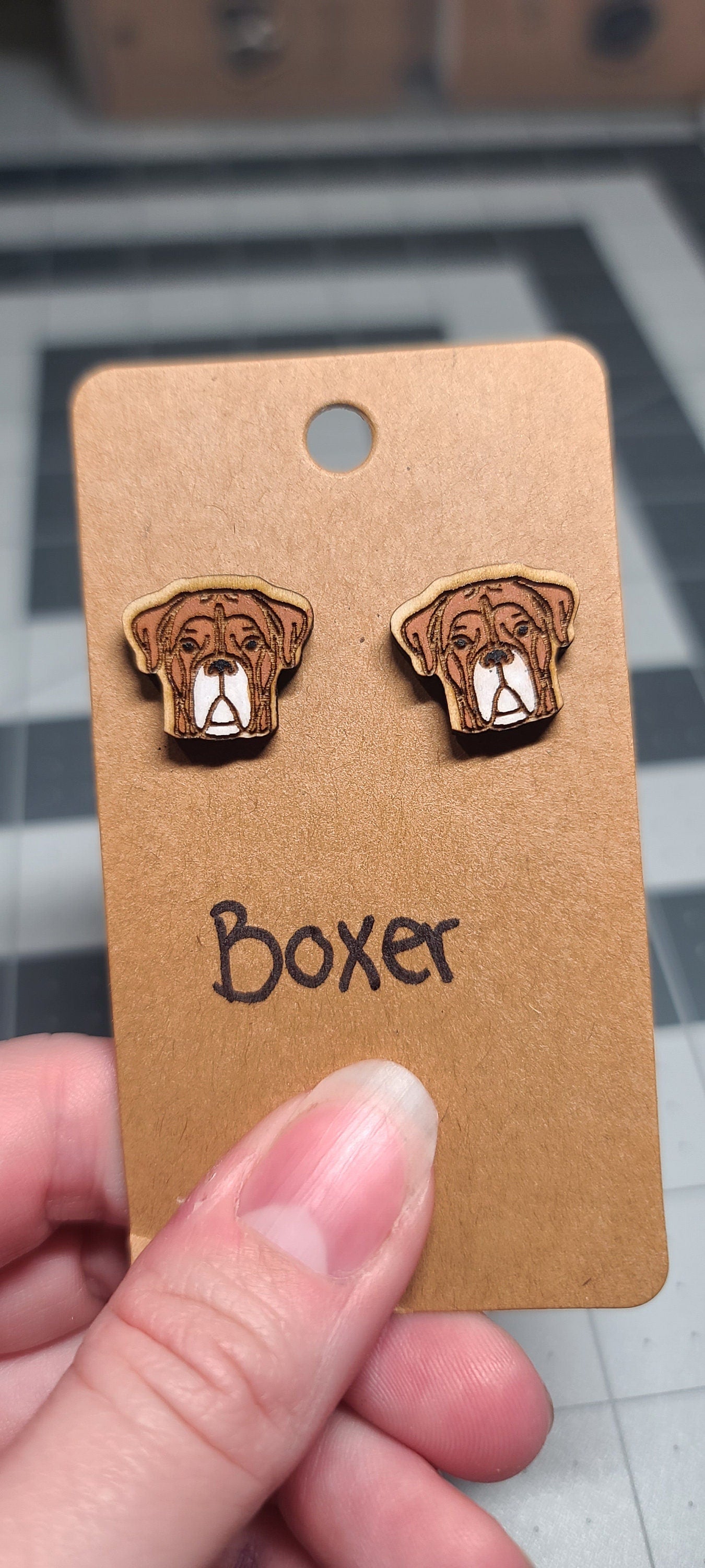 Boxer dog stud earrings-laser cut and engraved-boxer dog earrings-handpainted