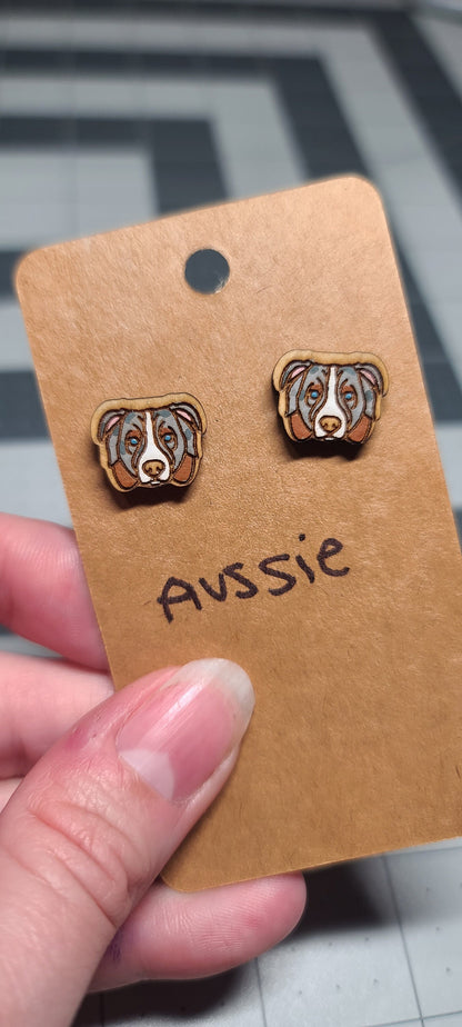 Australian Shepherd Stud Earrings-Laser cut and engraved-handpainted-aussie earrings