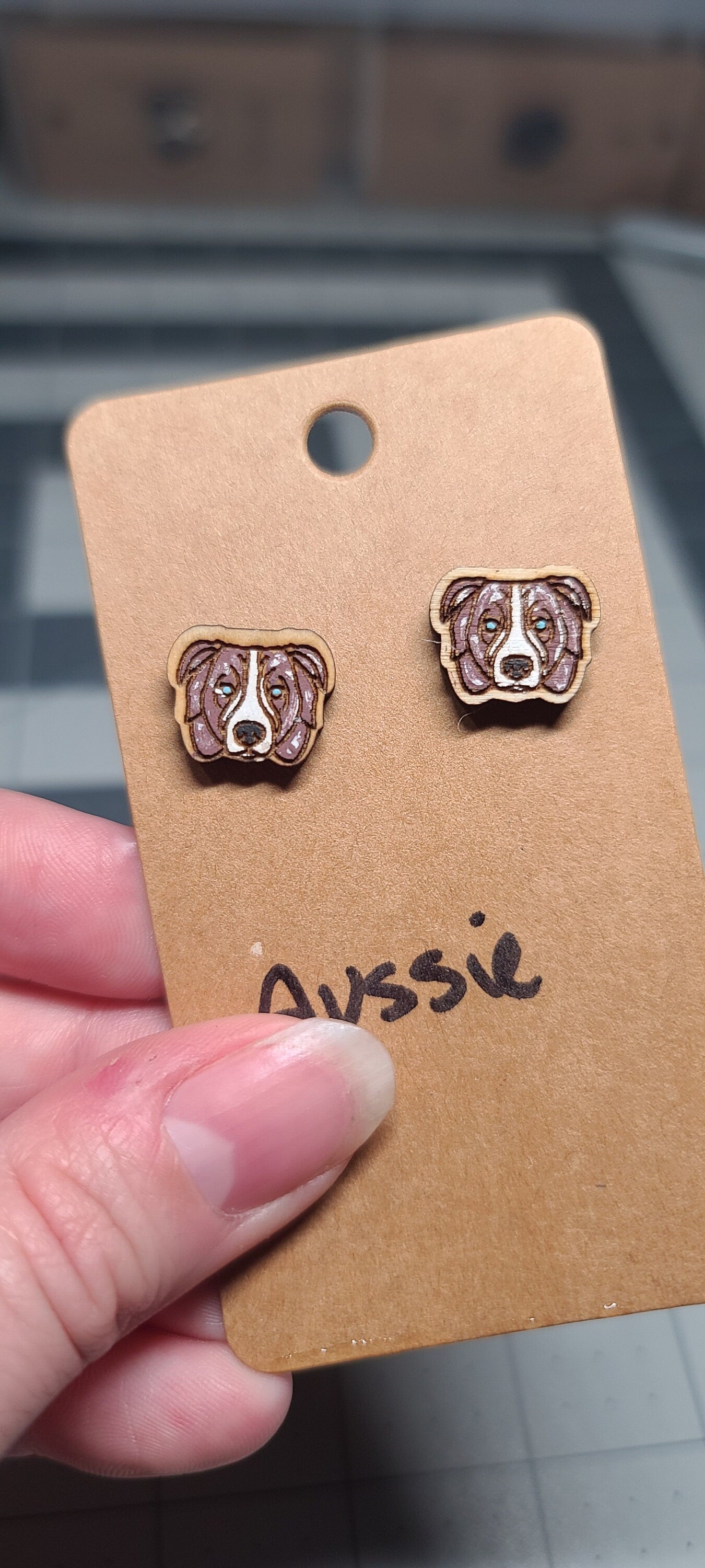 Australian Shepherd Stud Earrings-Laser cut and engraved-handpainted-aussie earrings