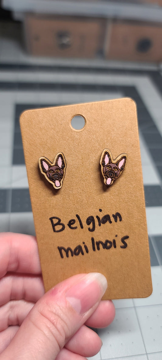 Belgian malinois stud earrings-laser cut and engraved wood stud earrings-malinois dog studs-belgian malinois earrings