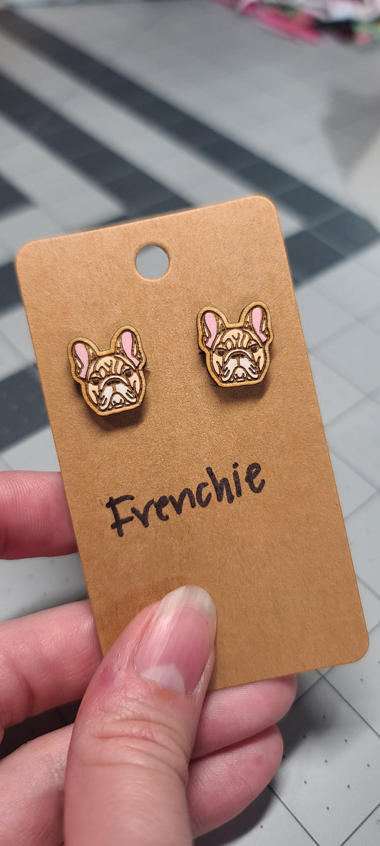 French Bulldog Stud earrings-laser cut engraved and handpainted-frenchie earrings-frenchie studs