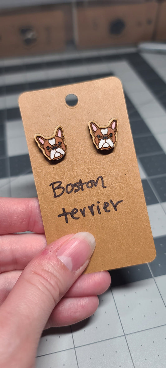 Boston Terrier Stud Earrings-laser cut and engraved-handpainted-Boston terrier-Stud earrings-Hypoallergenic