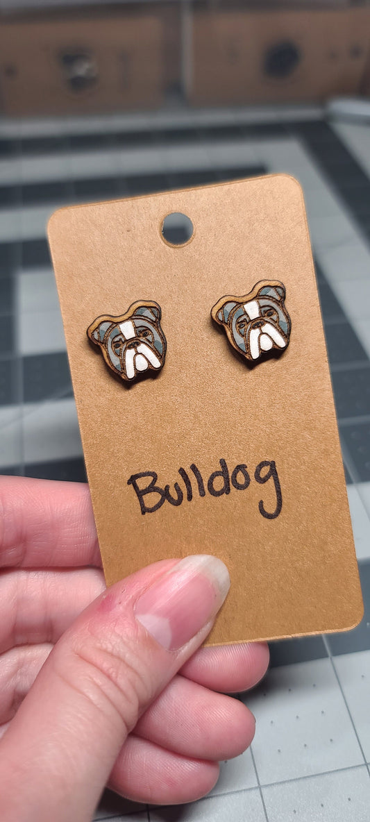 Bulldog stud earrings-laser cut and engraved wood stud earrings- bulldog studs-english bulldog earrings-stud bulldog earrings-handpainted