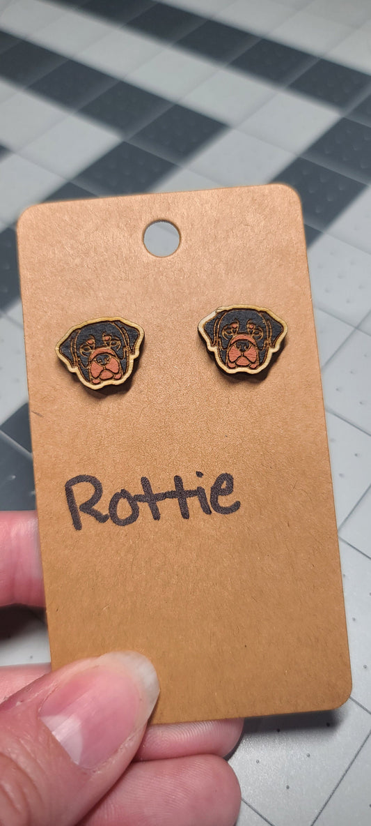 Rottweiler stud earrings-laser cut and engraved wood stud earrings-rottie dog studs- Rottweiler dog earrings-stud rottie earrings-handpainte